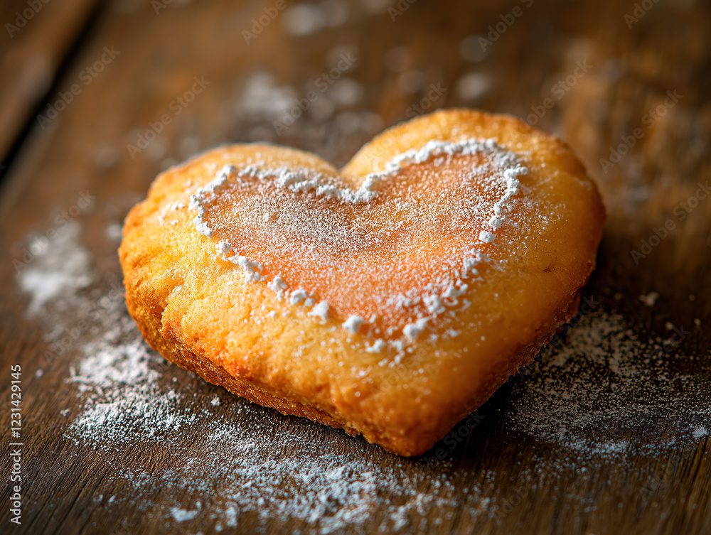 Wooden surface adorned with a powdered sugar heart cookie Wooden surface adorned with a powdered sugar heart cookie
