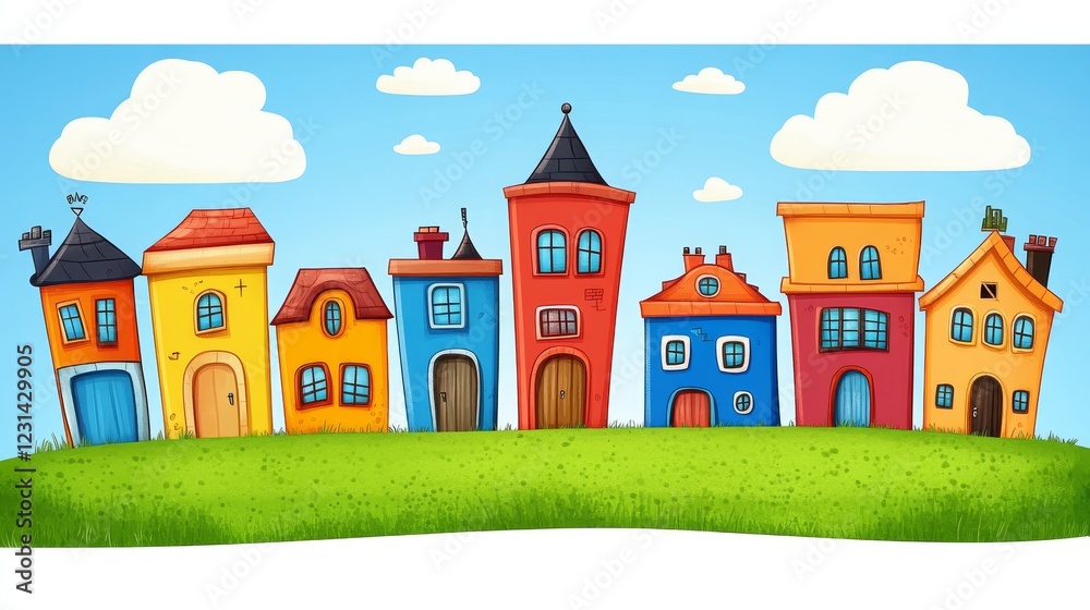Naklejka premium A Row of Whimsical, Colorful Houses on a Green Hill Under a Blue Sky