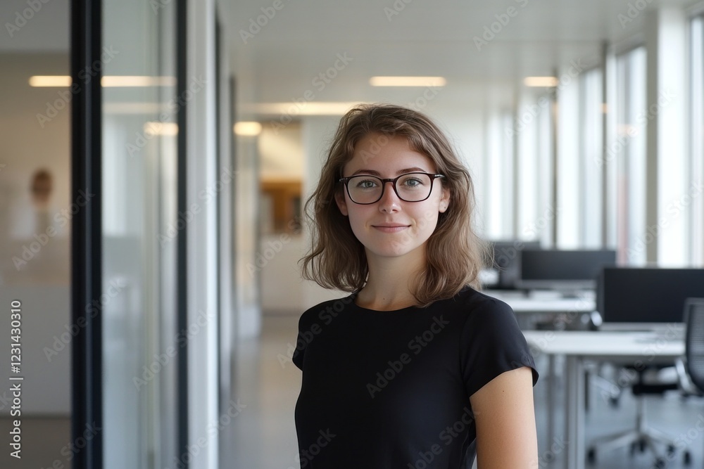 Fototapeta premium Young woman in glasses smiles in modern office.