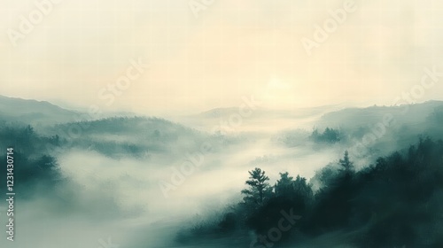 A peaceful oil painting of a foggy morning in the countryside, with soft, muted colors blending together in a calm, dreamy atmosphere.