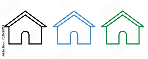 Home icon vector, house icon vector set, outline style home icons, linear style home icons in three different colors isolated on white background.