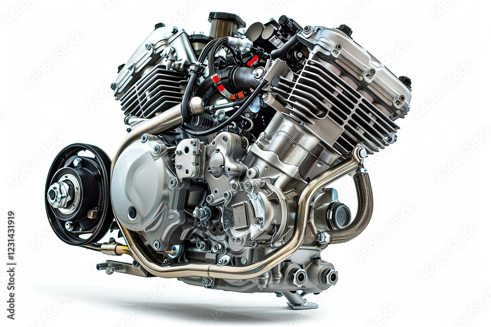 A detailed view of a motorcycle engine showcasing its components and design. isolated on white background A detailed view of a motorcycle engine showcasing its components and design. isolated on white background