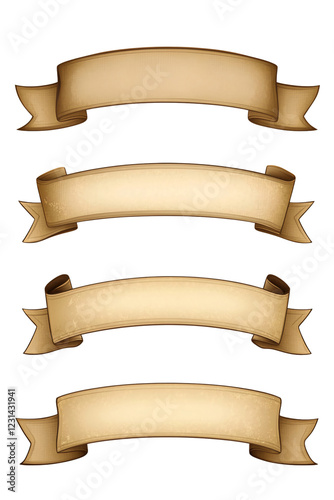 Four blank parchment banners; design element; website, invitation isolated on transparent or white background. Generative ai