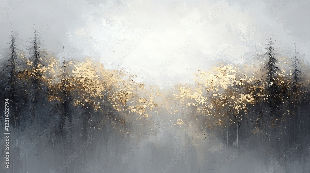 Golden sunrise through misty forest. Golden sunrise through misty forest.