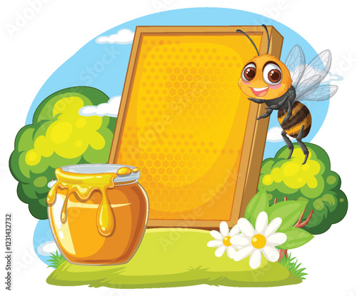 Happy Bee with Honeycomb and Jar