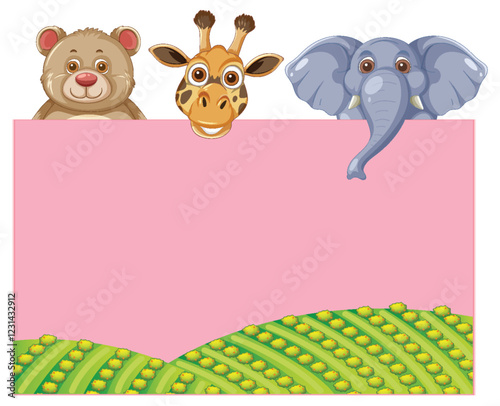 Cute Animals Peeking Over Pink Banner
