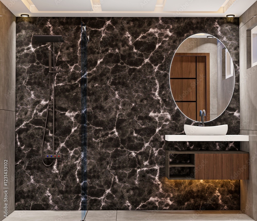 Dark Marble Indulgence: Sophisticated Shower Oasis with Circular Mirror Dark Marble Indulgence: Sophisticated Shower Oasis with Circular Mirror