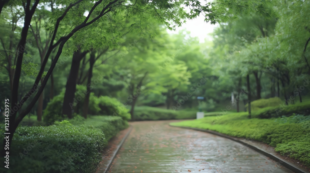 Fototapeta premium Tranquil Green Park Path After Rain Soft Light and Lush Foliage