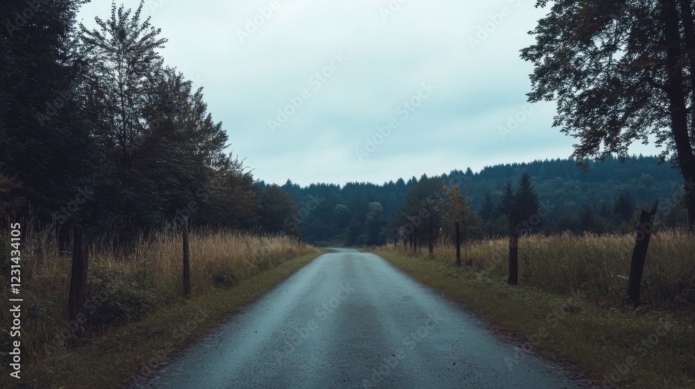 Fototapeta premium Serene country road through lush green forest on overcast day.