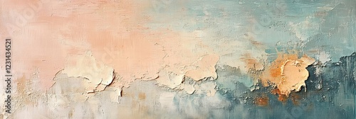 A textured abstract painting with layers of thick paint, blending soft pastels and earthy tones, giving it a tactile, organic feel. photo