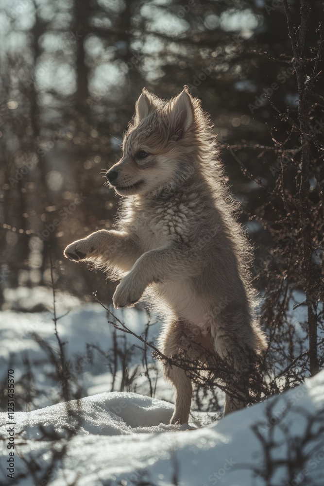 Obraz premium Adorable fluffy puppy standing on hind legs in snowy winter forest.