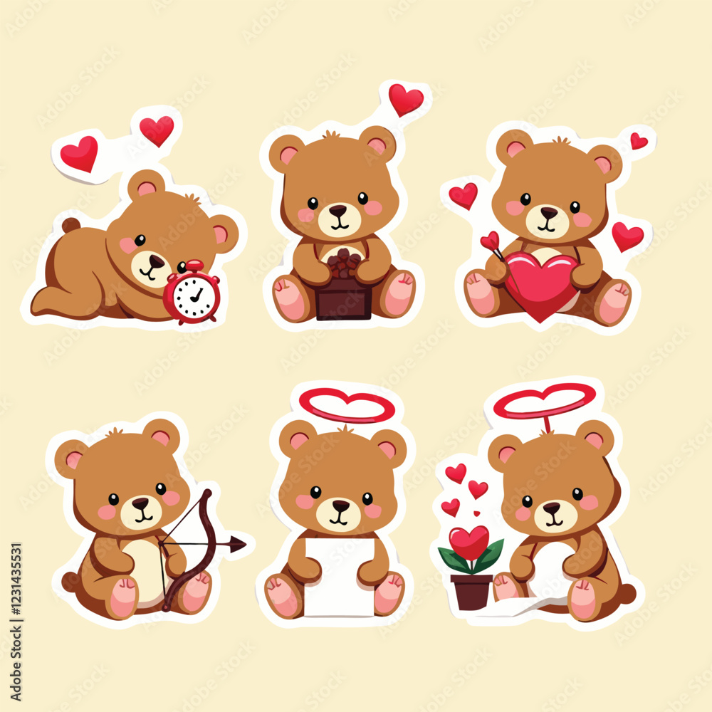 A set of six adorable cartoon bear stickers, perfect for Valentine's Day or general use A set of six adorable cartoon bear stickers, perfect for Valentine's Day or general use