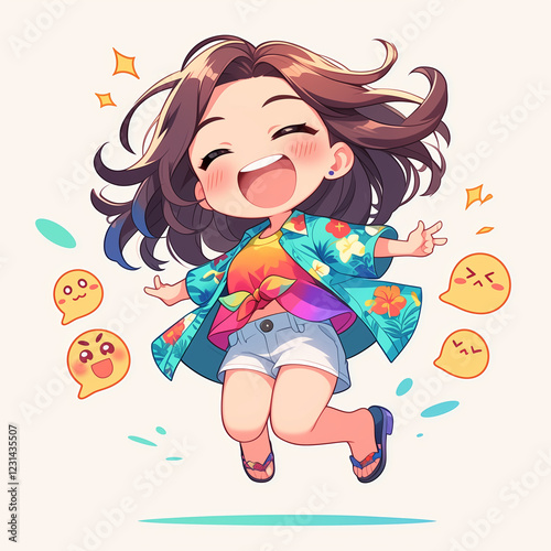 Jumping Joy: Q-version Leap of Happiness, Can be used to design products such as clothes, bags, stickers, etc.
