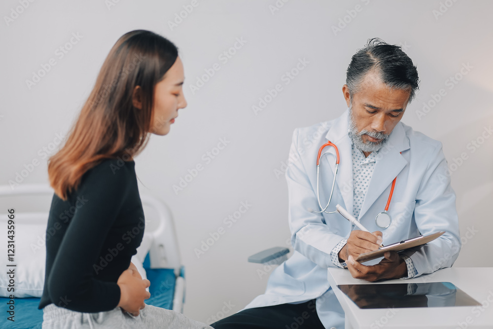Caucasian woman complaining about her ailments to the doctor Caucasian woman complaining about her ailments to the doctor