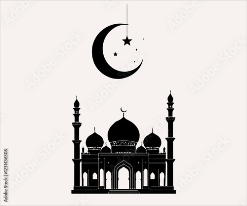 Mosque with crescent moon and stars on white background. Vector illustration