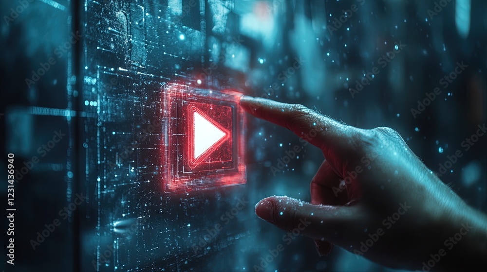 Fototapeta premium Hand reaching out to tap on a glowing, floating play button, multimedia concept in digital space 