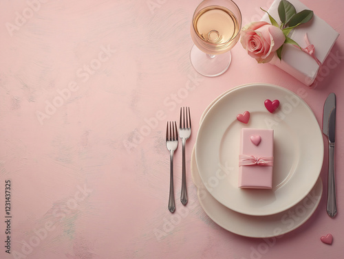 Valentine dinner setup with roses, wine, and a gift box