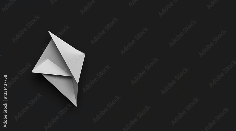 Origami paper airplane, geometric shape, sharp edges, white paper, black background, minimalist design, high contrast, shadows and highlights, clean lines, folded paper art, abstract, monochromatic, s Origami paper airplane, geometric shape, sharp edges, white paper, black background, minimalist design, high contrast, shadows and highlights, clean lines, folded paper art, abstract, monochromatic, s