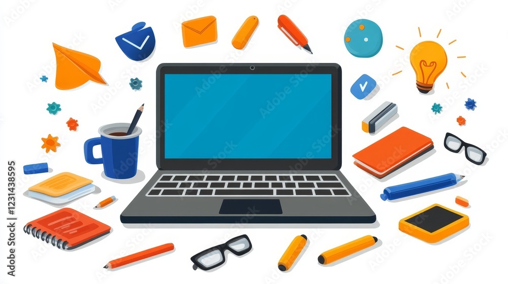 Laptop surrounded by colorful stationery, representing creativity and productivity Laptop surrounded by colorful stationery, representing creativity and productivity
