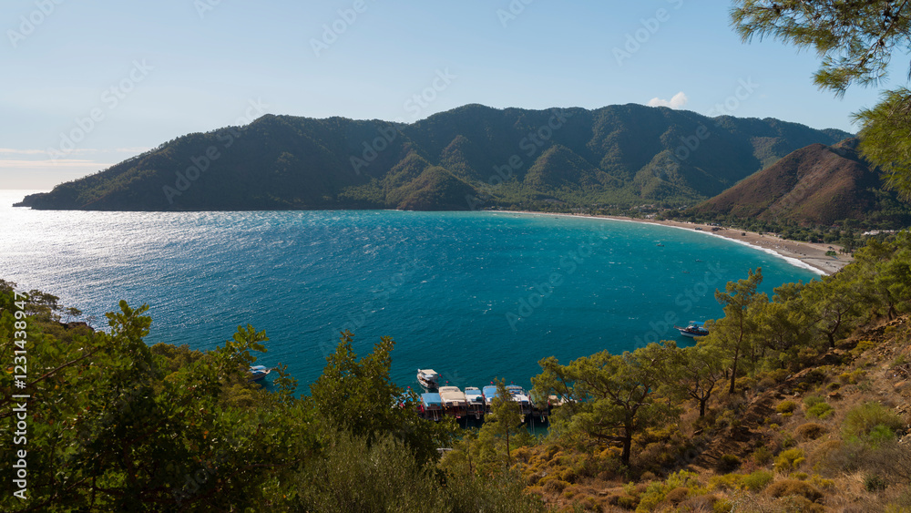 Obraz premium Panoramic view of Adrasan coast. A quiet holiday town on the Mediterranean coast of Turkey. Kumluca district, Antalya city, Turkey country