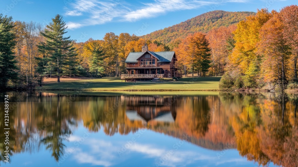 Fototapeta premium A scenic autumn landscape featuring a house by a pond surrounded by colorful trees.