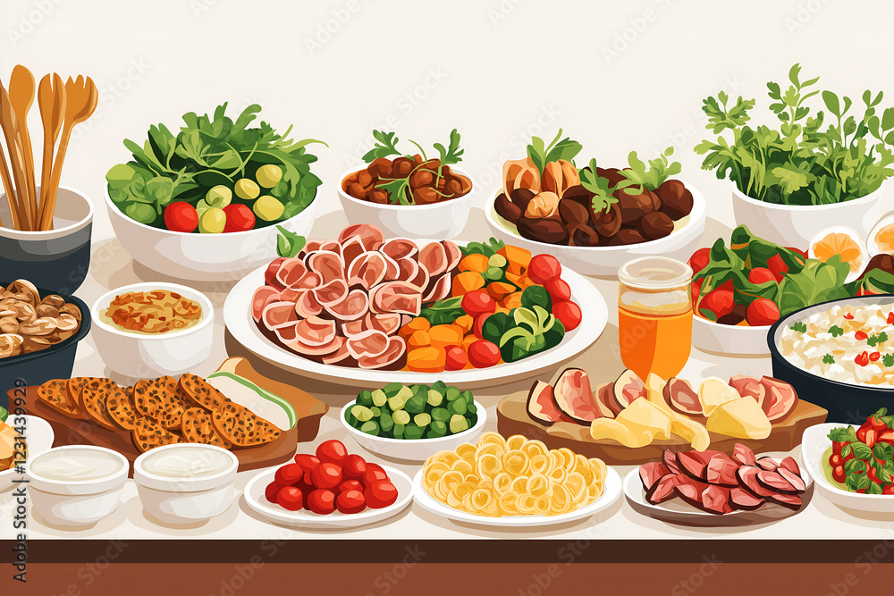 Flat design of a buffet table filled with colorful and diverse food items. Vector illustrations concept Flat design of a buffet table filled with colorful and diverse food items. Vector illustrations concept