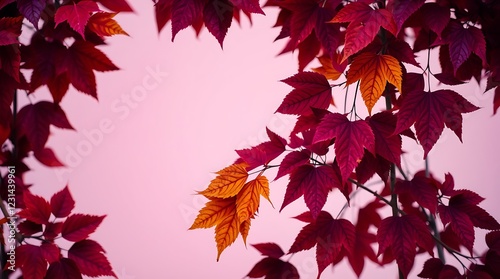 autumn leaves, Japanese maple, vibrant red foliage, orange accents, pink background, backlit, nature photography, high contrast, seasonal beauty, close-up detail, artistic composition, atmospheric lig