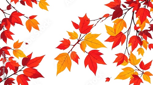 Autumn maple leaves, vibrant red and orange foliage, white background, botanical illustration, crisp details, falling leaves, seasonal change, natural beauty, colorful branches, maple tree, autumn col photo