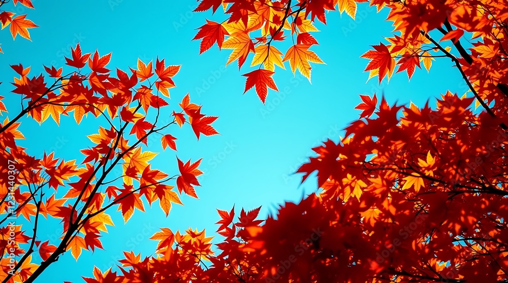Vibrant autumn maple leaves, Bright red and orange foliage, Clear blue sky background, Low angle view, Sunlight filtering through leaves, Crisp fall day, Japanese maple tree, Seasonal change, Warm col Vibrant autumn maple leaves, Bright red and orange foliage, Clear blue sky background, Low angle view, Sunlight filtering through leaves, Crisp fall day, Japanese maple tree, Seasonal change, Warm col