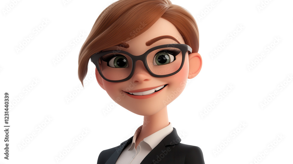 Professional animated character with stylish glasses dressed in formal attire smiling confidently Professional animated character with stylish glasses dressed in formal attire smiling confidently