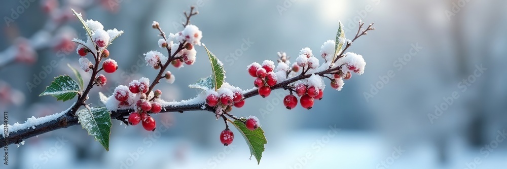A bare branch with snow-covered holly flowers and berries, frosted flowers, white landscape, serene landscape A bare branch with snow-covered holly flowers and berries, frosted flowers, white landscape, serene landscape