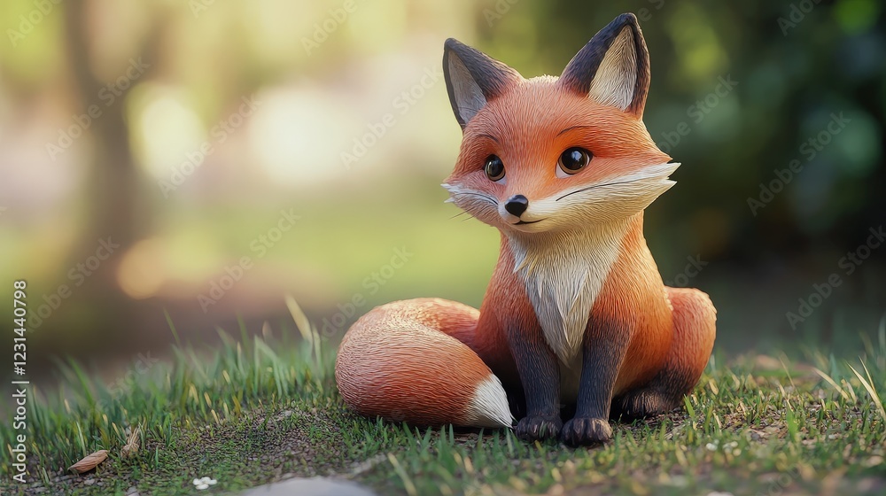 Fototapeta premium Adorable Fox Figurine: A charming, cartoonish red fox figurine sits serenely on a patch of green grass, bathed in soft, warm sunlight.