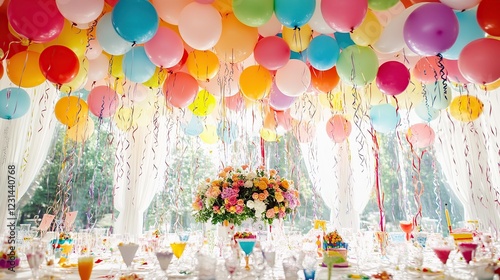 Colorful balloons decorate party tent reception
