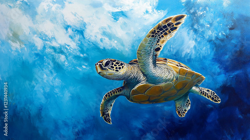 Serene Turtle Glide: Underwater Elegance, Upscaled Crystal Clear Aquatic Beauty sea blue ocean fauna