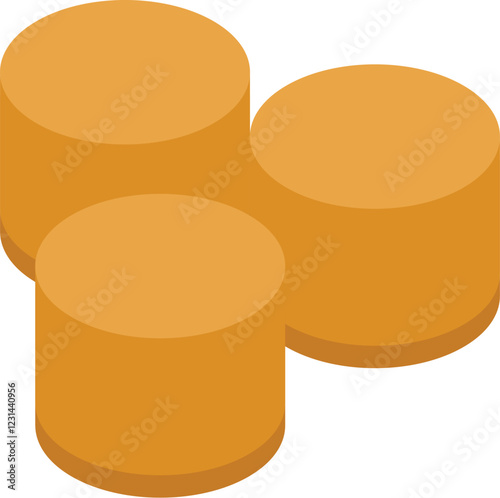 Three round orange hay bales forming a small pyramid isolated on white background, isometric view