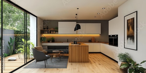 Modern Kitchen Interior Design Minimalist Wood Furniture Warm Lighting photo