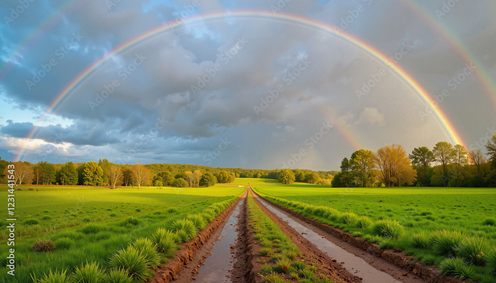 Naklejka premium Rainbow above muddy road in green countryside