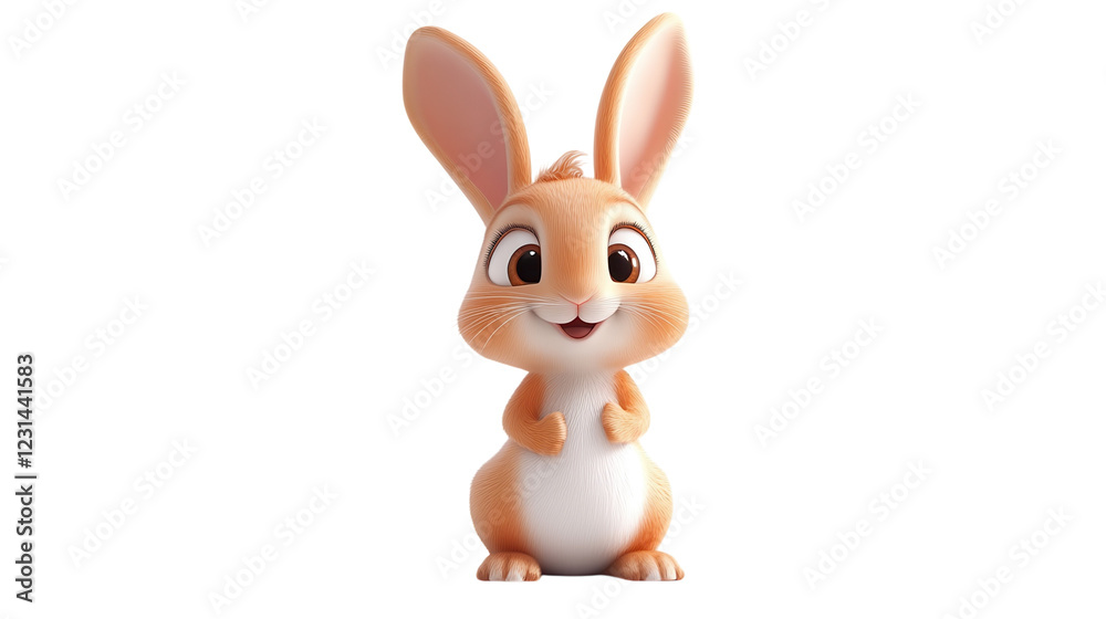 Fototapeta premium Happy cartoon rabbit standing on hind legs in a cheerful pose with big eyes and long ears in a bright setting during a sunny day