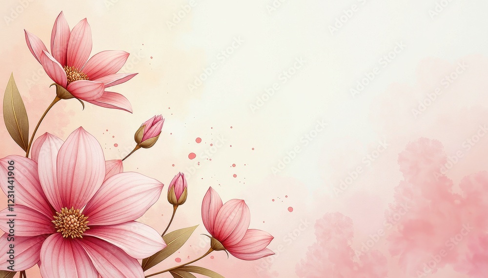 Naklejka premium High-Resolution Digital Painting: Pink Magnolia Flowers in Soft Pink and White