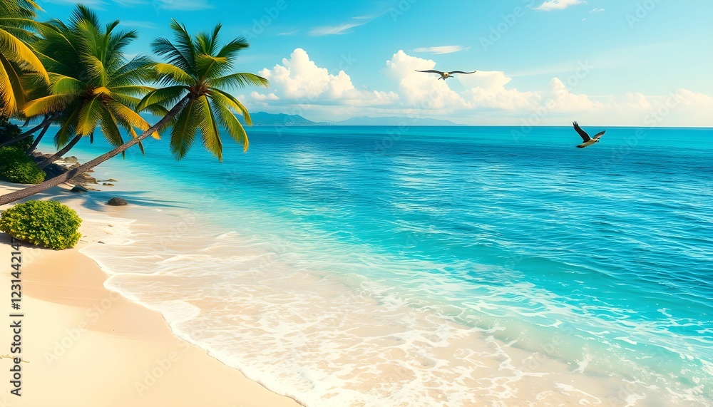 Naklejka premium Tranquil Tropical Getaway: Serene Beach Scene with Palm Trees and Azure Waters