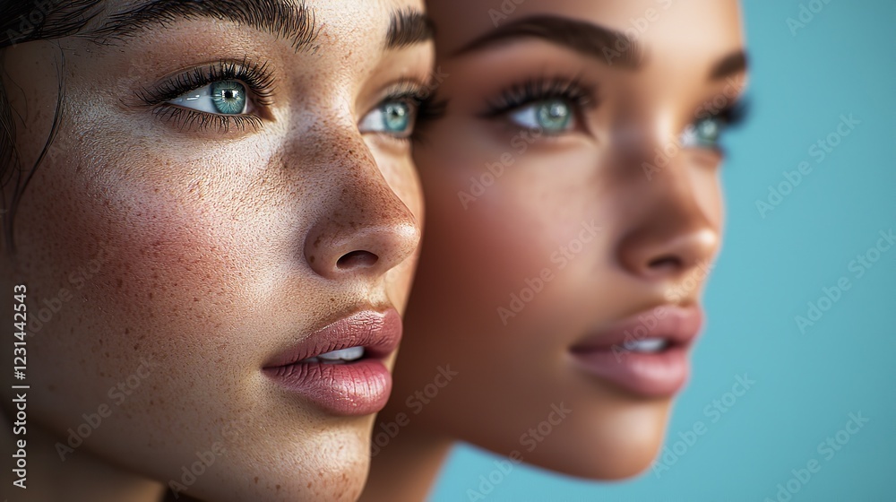Two beautiful faces with different skin tones and textures, captured in stunning detail, reflecting the beauty of human diversity. Two beautiful faces with different skin tones and textures, captured in stunning detail, reflecting the beauty of human diversity.