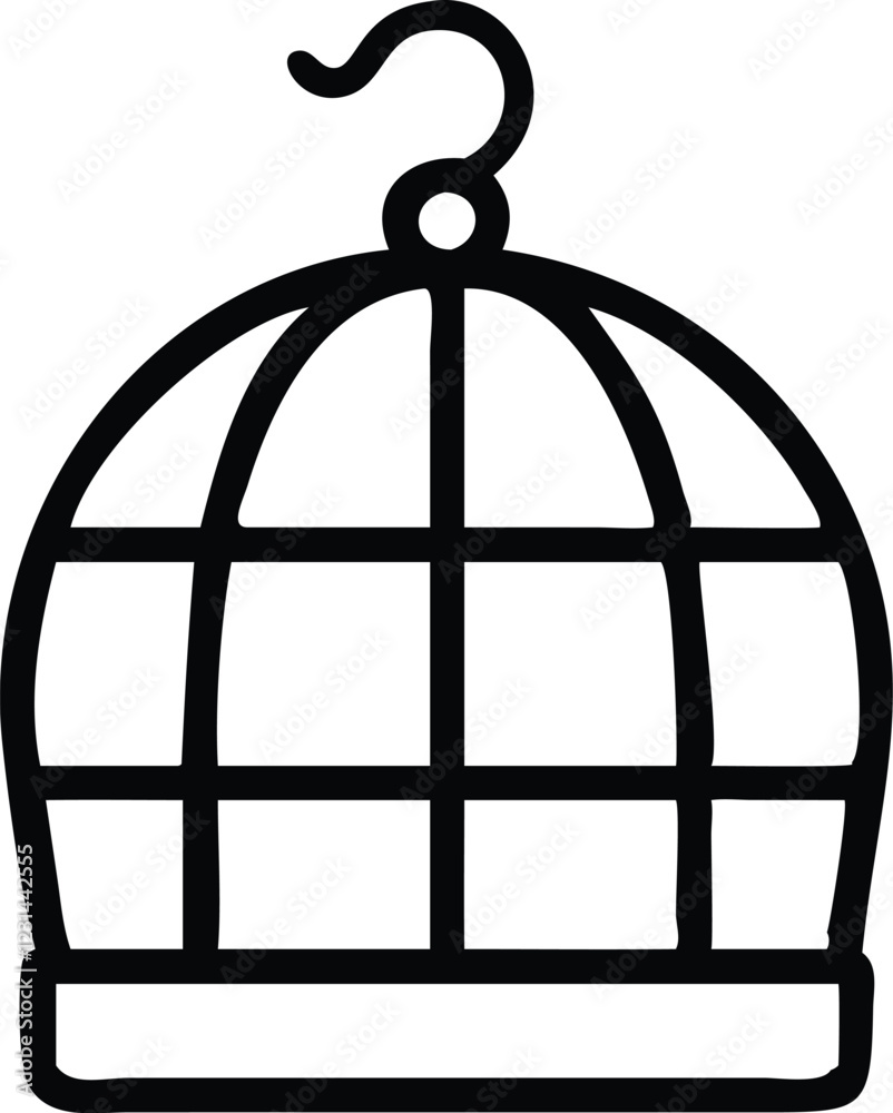 Bird cage, minimalist design, black outline, curved top, hook, simple illustration, white background, iconic symbol, pet accessory, containment, freedom concept, clean lines, vector graphic style, sym Bird cage, minimalist design, black outline, curved top, hook, simple illustration, white background, iconic symbol, pet accessory, containment, freedom concept, clean lines, vector graphic style, sym