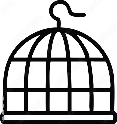 Bird cage, minimalist design, black outline, curved top, hook, simple illustration, white background, iconic symbol, pet accessory, containment, freedom concept, clean lines, vector graphic style, sym