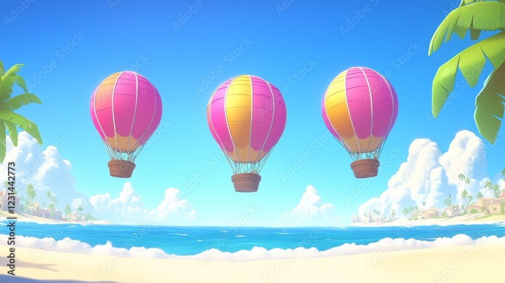 Fototapeta premium Three vibrant hot air balloons float over a tropical beach paradise