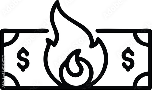 black and white icon, burning dollar bill, flame atop money, financial loss symbol, wealth destruction concept, simple graphic design, minimalist illustration, economic crisis metaphor, currency on fi