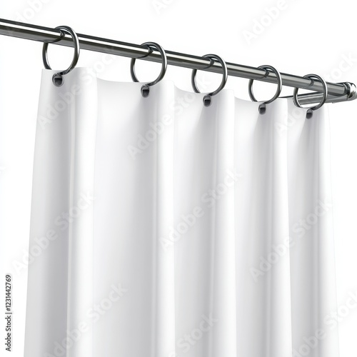 Clean White Shower Curtain on Silver Rod Simple Bathroom Decor, Generative AI.