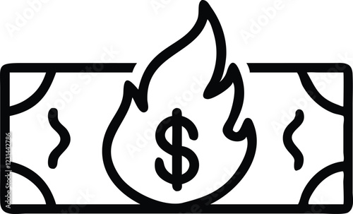 black and white icon, burning dollar bill, flame atop money, financial loss symbol, wealth destruction concept, simple graphic design, minimalist illustration, economic crisis metaphor, currency on fi