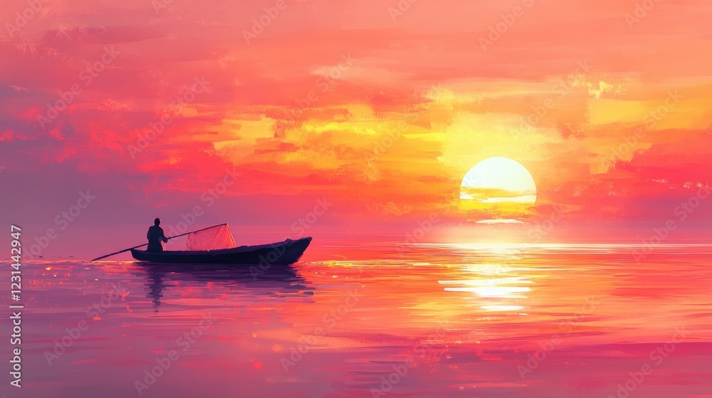 Fisherman casting a net under a pink and orange sunrise, the ocean reflecting the colors. Fisherman casting a net under a pink and orange sunrise, the ocean reflecting the colors.