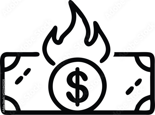 black and white icon, burning dollar bill, flame atop money, financial loss symbol, wealth destruction concept, simple graphic design, minimalist illustration, economic crisis metaphor, currency on fi