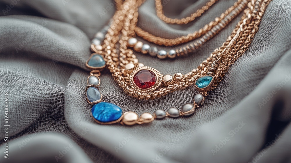 Fototapeta premium A trendy mix of bold and delicate layered necklaces on a neutral linen fabric, featuring gold, silver, and gemstones.